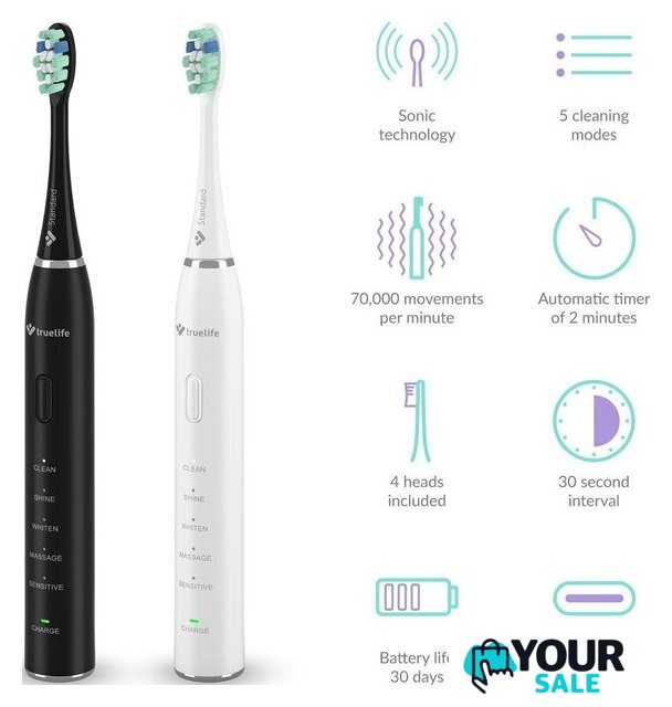 Комплект электрических зубных щеток TrueLife SonicBrush Clean30 Duo - Изображение №4 — Интернет-магазин Your Sale