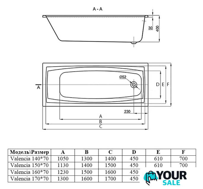 Ванна Alba Spa Valencia 150x70 (с ножками) - Изображение №2 — Интернет-магазин Your Sale