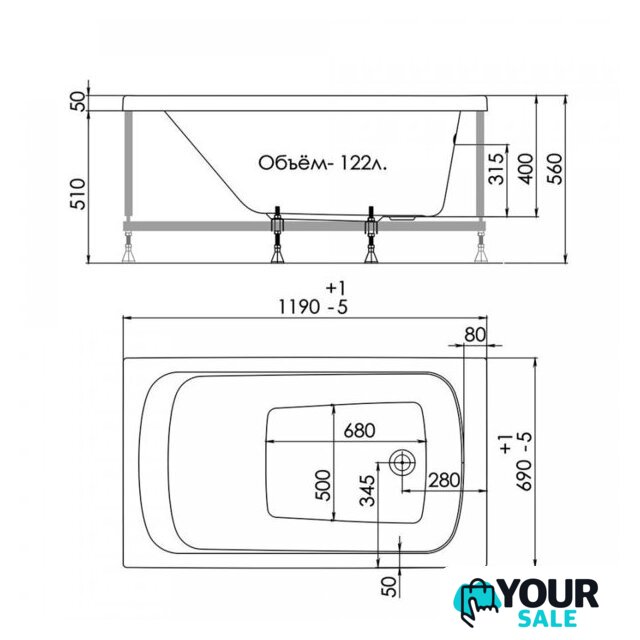 Ванна 1AcReal Gamma 120x70 (с ножками и экраном) - Изображение №2 — Интернет-магазин Your Sale