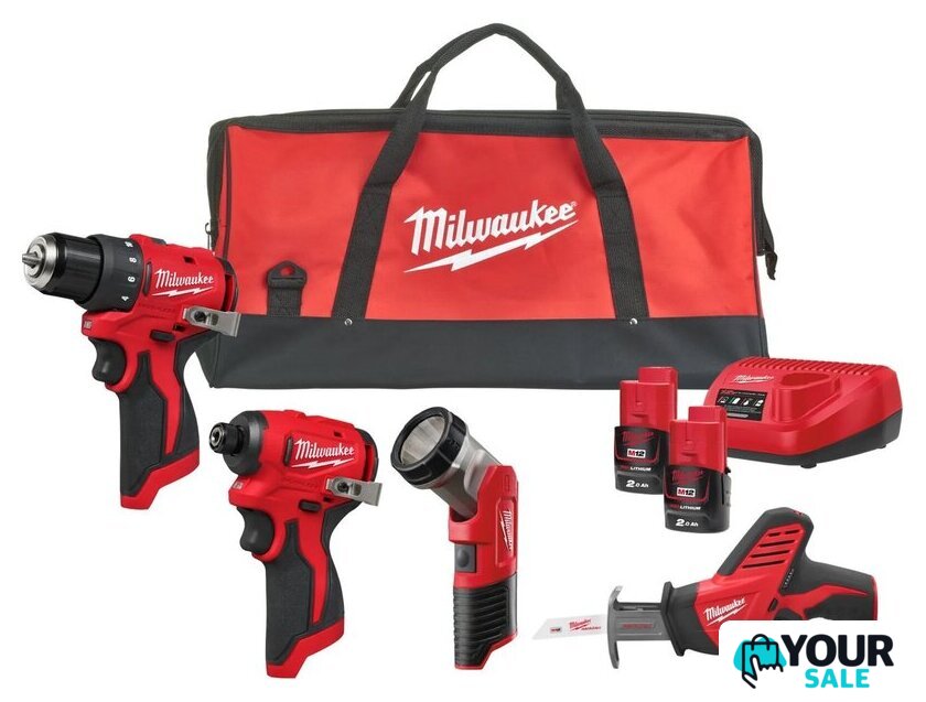  Milwaukee M12 BLPP4A-202B 4933499693 (шуруповерт, винтоверт, фонарь, сабельная, 2 АКБ, сумка) - Изображение №1 — Интернет-магазин Your Sale