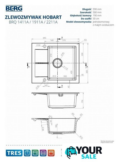 Кухонная мойка Berg Hobart BRQ1411A - Изображение №4 — Интернет-магазин Your Sale